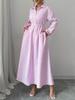 Korean Chic Autumn Striped Shirt Dress with Stand Collar and Tie Waist