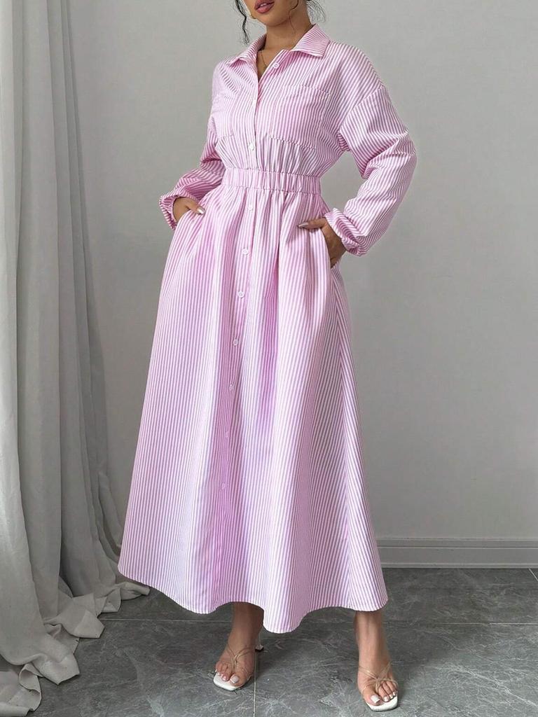 Korean Chic Autumn Striped Shirt Dress with Stand Collar and Tie Waist