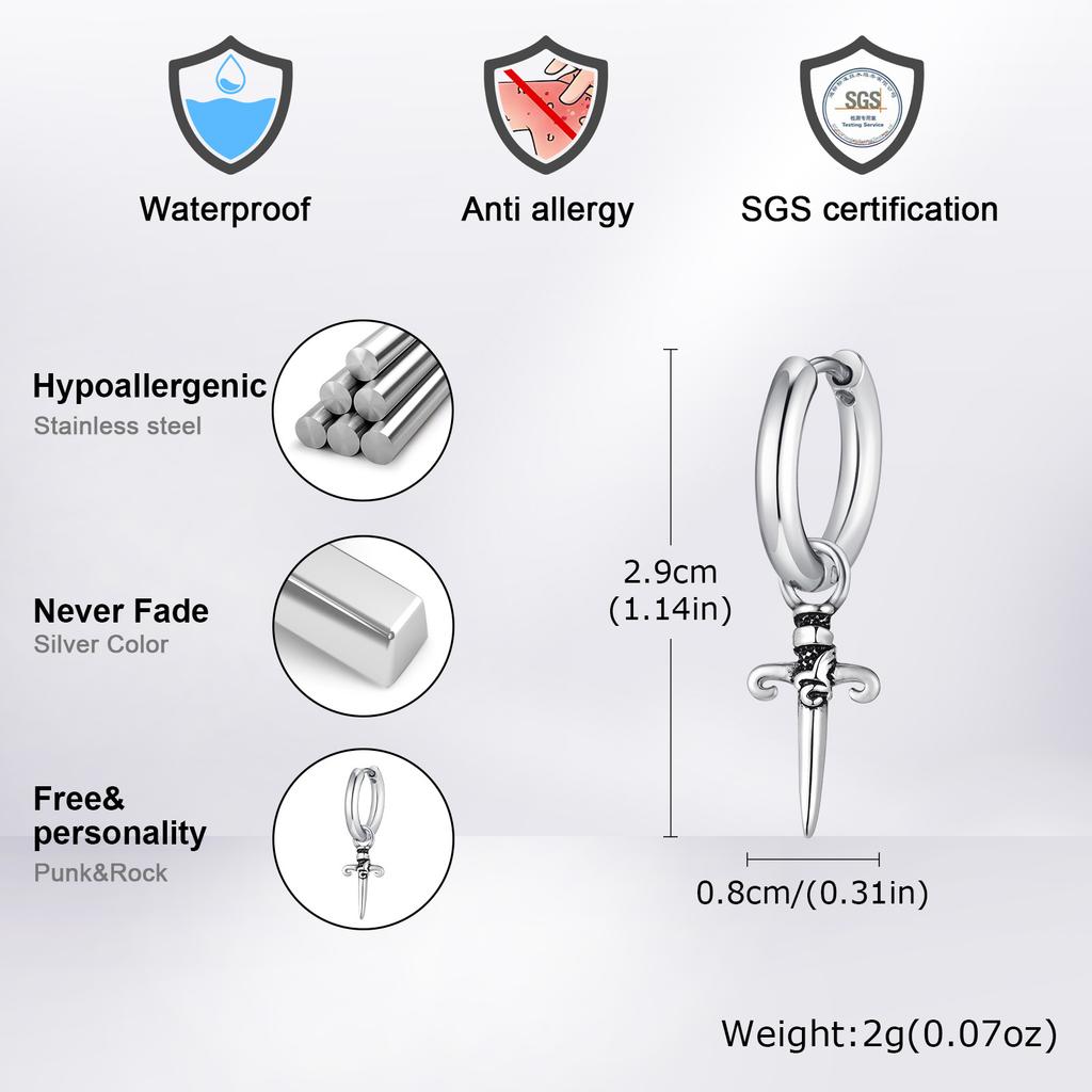 Gothic Sword Shaped Hoop Earrings for Men Boys,Stainless Steel Cross Earrings,Rock Punk Jewelry Anniversary Birthday Gifts