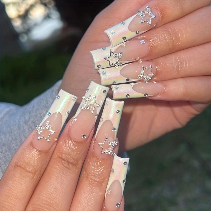 24pcs French Press On Nails with Rhinestone Gems and Pearlescent White Tips - Extra Long Coffin Ballet False Nails for Women and Girls Glossy and Glue