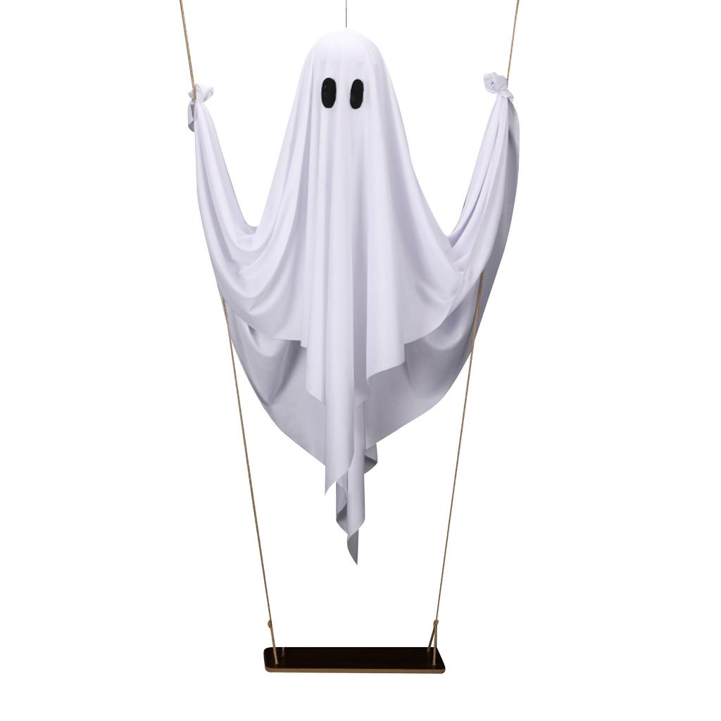 Halloween Outdoor Decoration - 5ft Large Hanging Swing Halloween Decoration With String Lights - Scary Cute Decoration For Front Porch Patio Tree