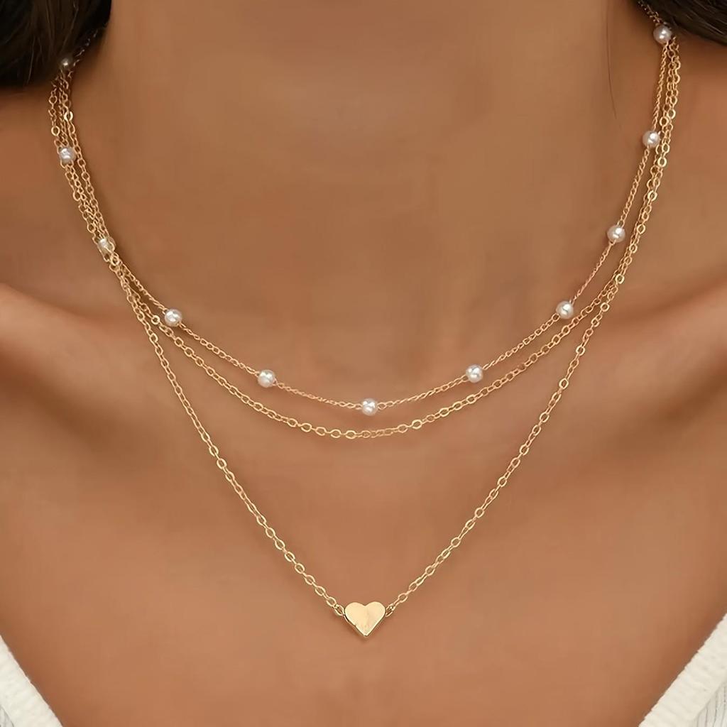 Retro Pearl Heart Pendant Necklace - Layered Alloy Chain for Women, European & American Style