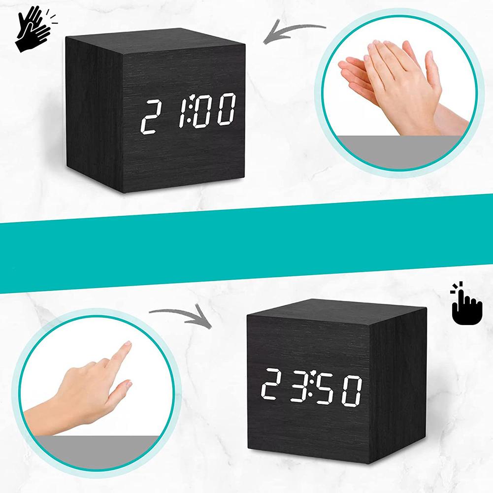 Wooden Electronic Desktop Clock with Temperature LED Bedside Clock USB/Battery Powered Bedroom Table Clock for Home Decoration