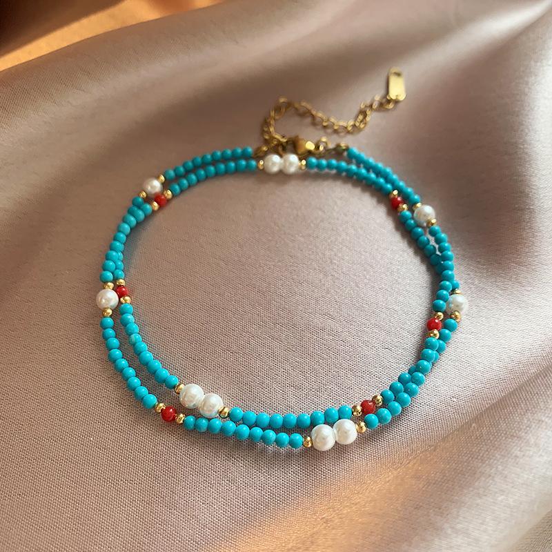 Turquoise and Red Agate Beaded Pearl Necklace - A Unique, French-style, Retro and Luxurious Choker Chain