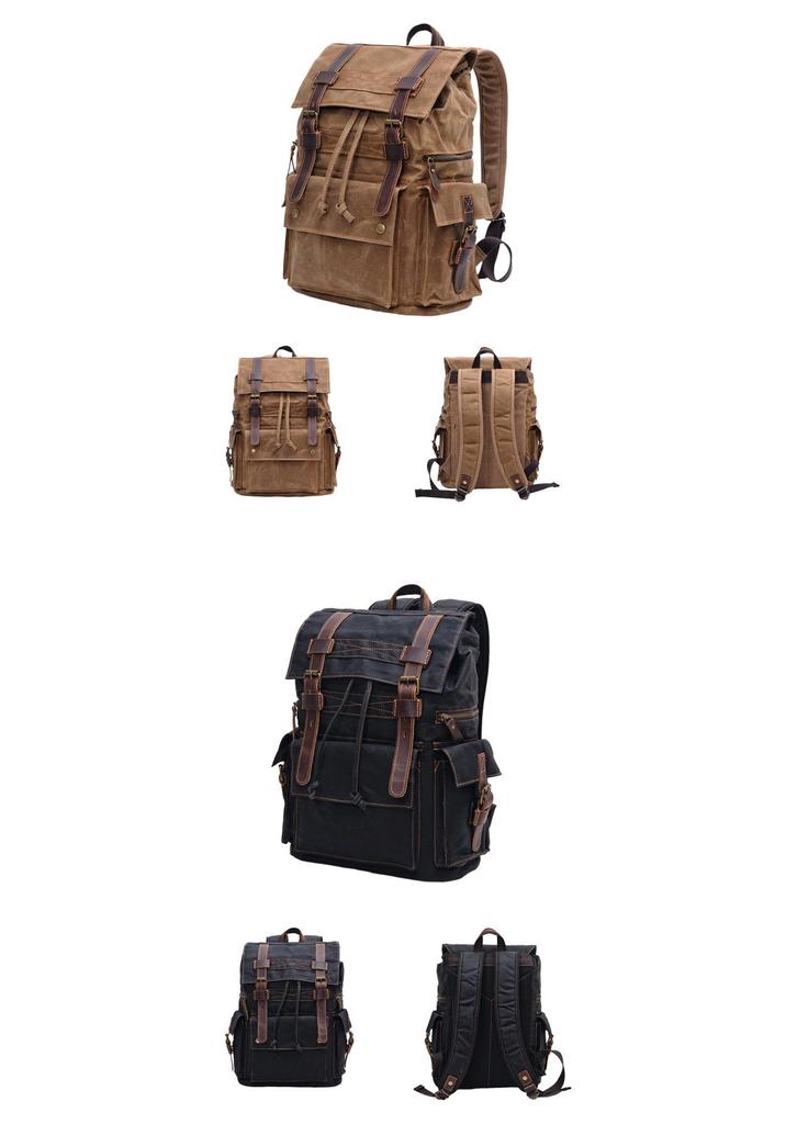 European Retro Double Shoulder Backpack - Waxed Canvas & Genuine Leather for Travel, Outdoor, and Casual Use