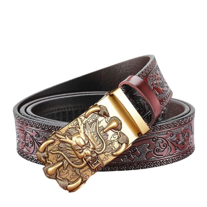 Domineering Tang grass pattern engraved men's automatic imitation copper buckle belt, personalized