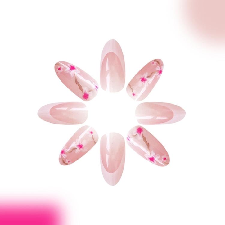 24 Stück Französische Spitze Aufkleber Nägel Glänzend Falsche Nägel Mittlere Mandel Press On Nägel Blumen Künstliche Acryl Nägel