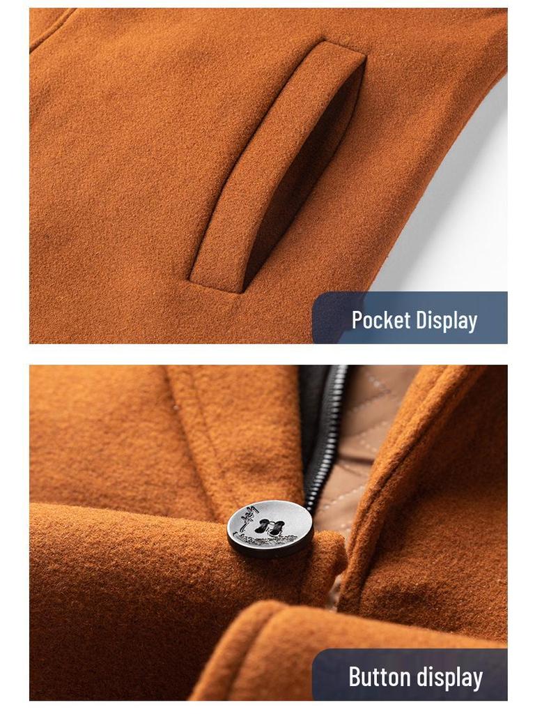 Korean-Style Men's Wool Blend Mid-Length Coat with Removable Hood