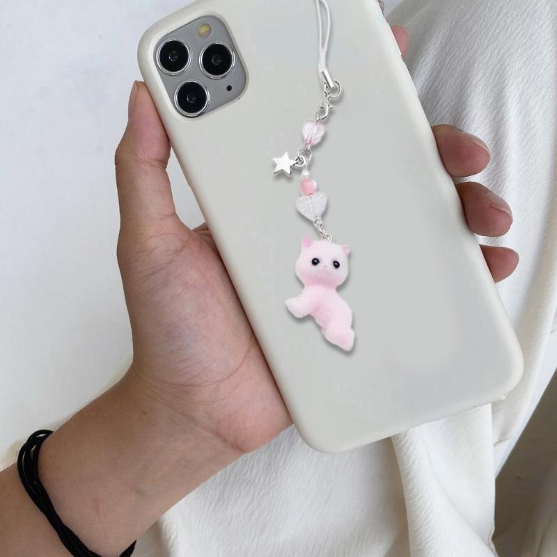 Sweet Phone Chain Strap Lanyard Flocking Cat Bead Pendant Phone Charm Hanging Decoration Cute Phone Accessories