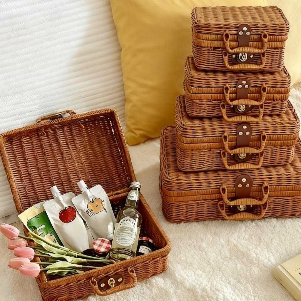 Vintage Rattan Woven Storage Basket with Handle Rectangular Stackable Organizer for Picnics Home Decor Living Room Shelf Baskets