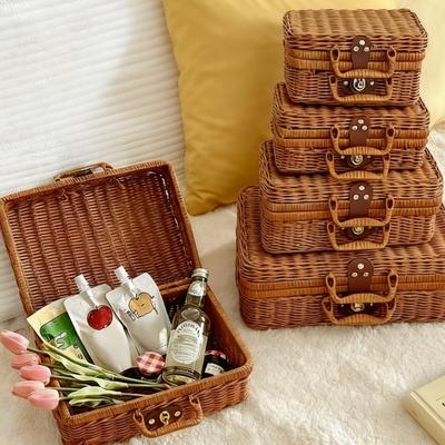 סל קש ארוג וינטג' עם ידית, מלבני, ניתן לערום, מארגן לפיקניקים, עיצוב הבית, סלסלות למדף בסלון