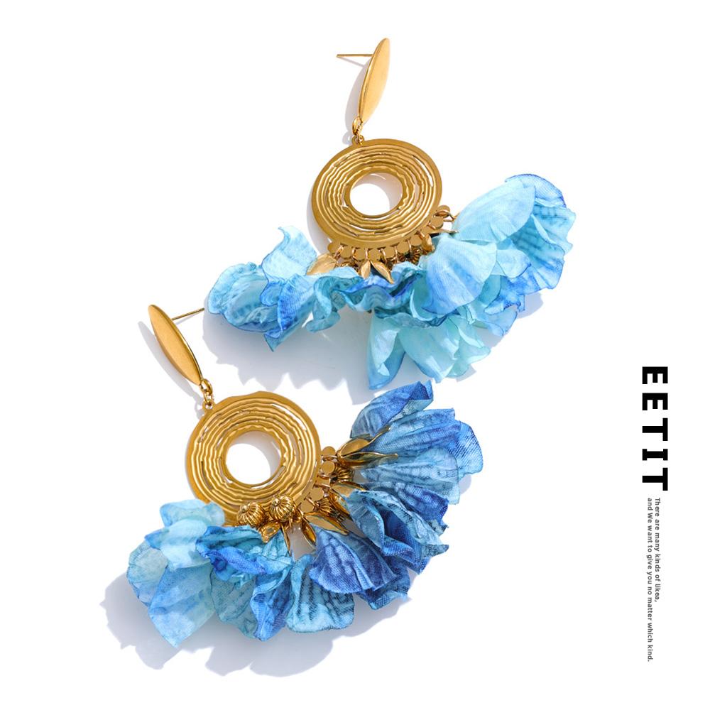 Eetit Spring Summer Fashion Bohemian Blue Cloth Flower Drop Earrings Exclusive Stainless Steel Handmade Fairy Jewelry
