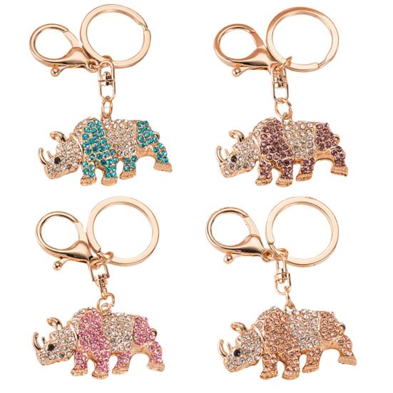 Keychain Pendant 3D Cartoon Rhinoceros Design Sparkling Rhinestones Inlaid Key Chain with Lobster Clasp Key Ring Bags Accessories