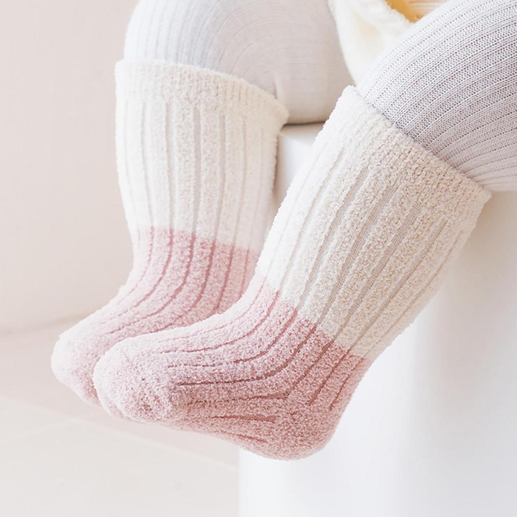 3 Paar Korallenvlies Babysocken Winter Warm Mittelhohe Socken für Säugling Kleinkind Patchwork Lockere Mündung Lange Socken