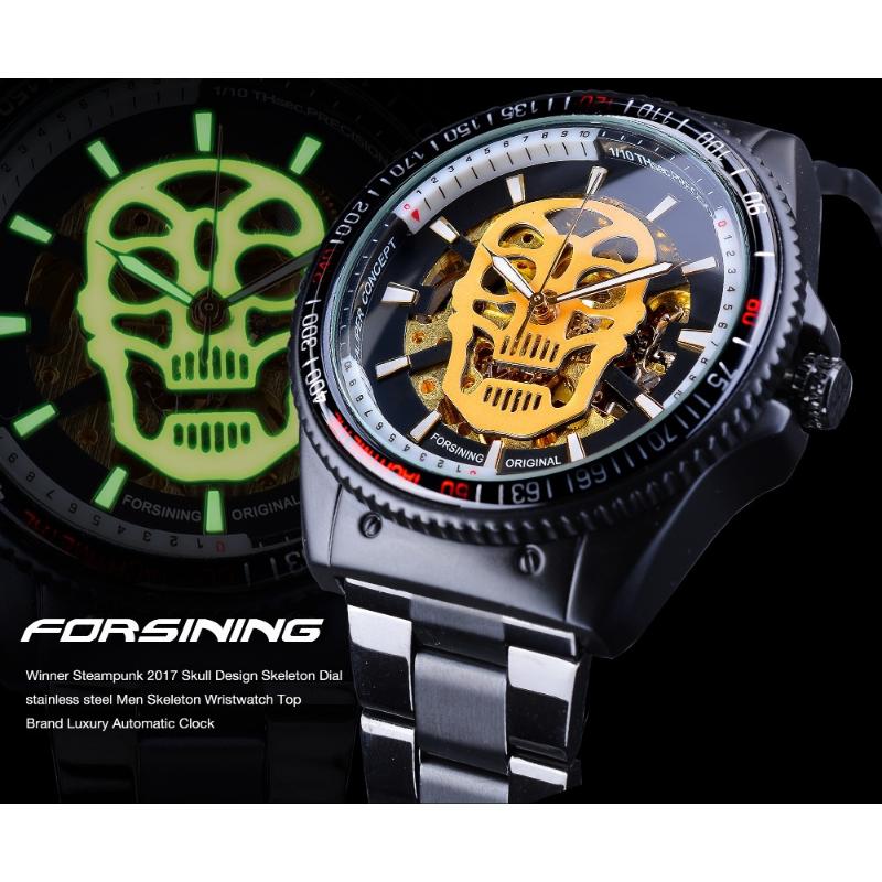 Forsining Men's Fashion Openwork Luminous Waterproof White Skull Mechanical Watch