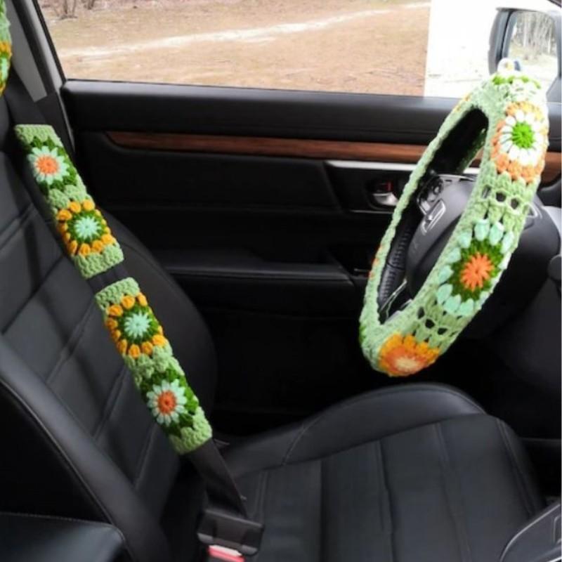Car Steering Wheel Cover Warm  Anti Slip Grip Seat Belt Safe Hand Crocheted Flower Design for Stylish Car Decor Winter Simple