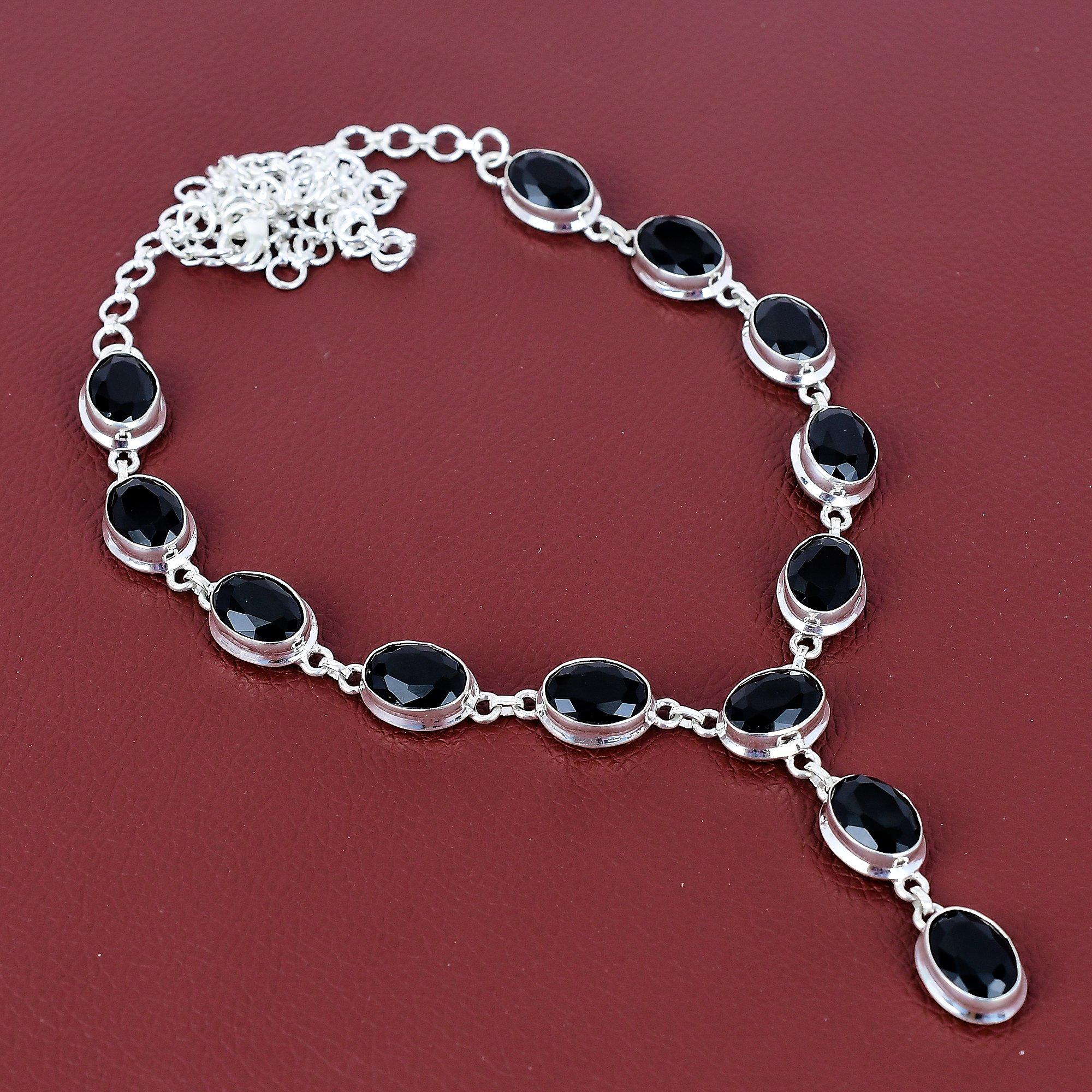 Faceted black onyx necklace gemstone handmade necklace designer jewelry 925 sterling silver necklace adjustable chain necklace gifts for mom Adjustable