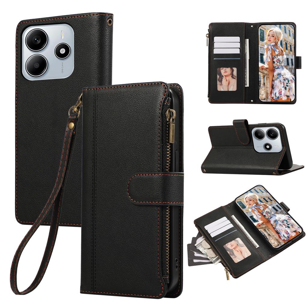 Για Xiaomi Redmi Σημείωση 14 4G (164,84 χιλιοστά) Θήκη με Πολλαπλές Θήκες Καρτών, Φερμουάρ, Δερμάτινη Θήκη Τηλεφώνου με Λουράκι Καρπού