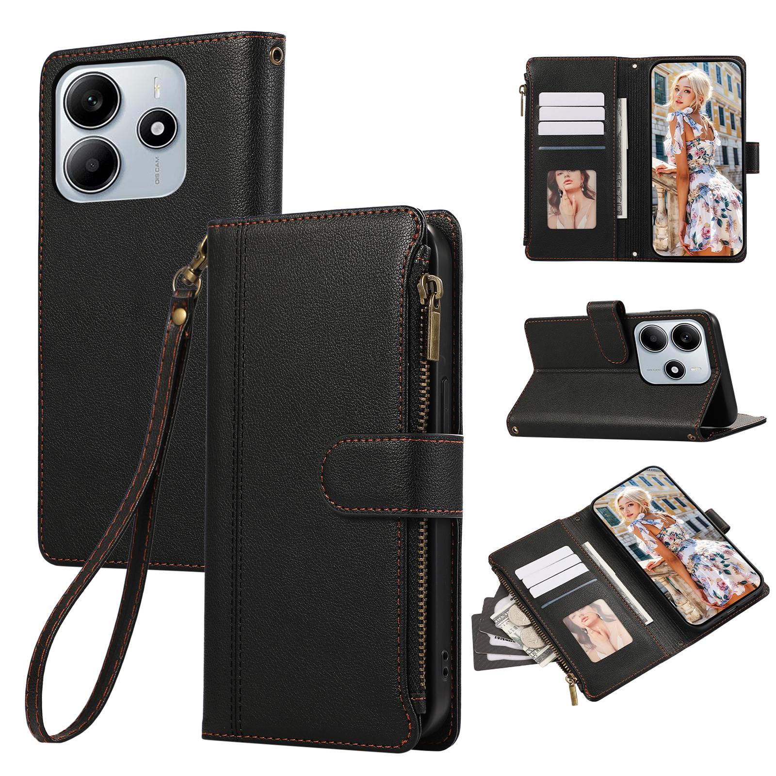 

For Xiaomi Redmi Note 14 4G (164.84mm) Case Multi Card Slots Zipper Leather Phone Cover with Wrist Strap Black