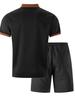 Men's Large Plaid Stand Collar Short Sleeve Color Block T-shirt and Shorts Set