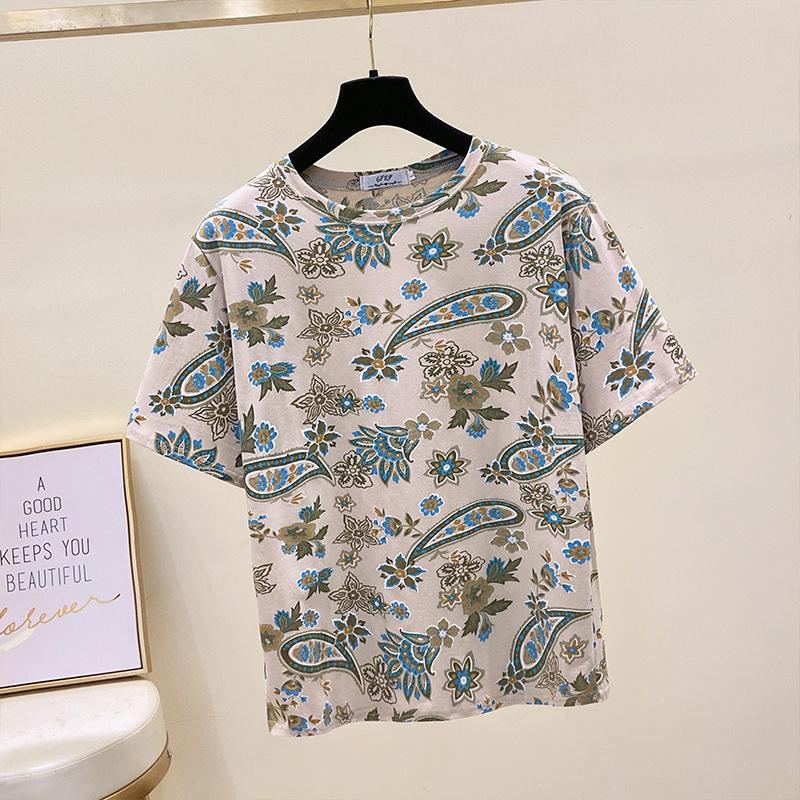 Large Size Short-sleeved T-shirt Women's Summer Korean Version of Loose Printed Round Neck T-shirt Women