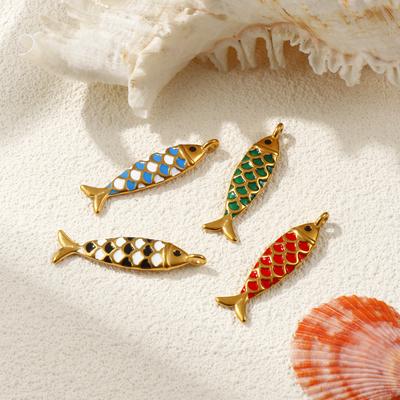 2 Stück 304 Edelstahl Meeres Schmuck Anhänger 18K Gold Plated Emaille Fisch Tier 3D Anhänger Für Schlüsselanhänger Halskette 4.9cmx1.3cm