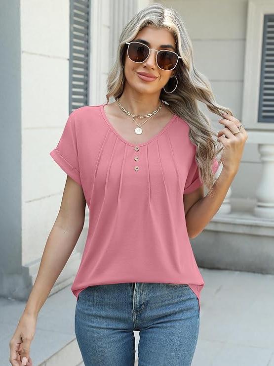 Women's V-neck Pleated Button Short Sleeve Casual Top