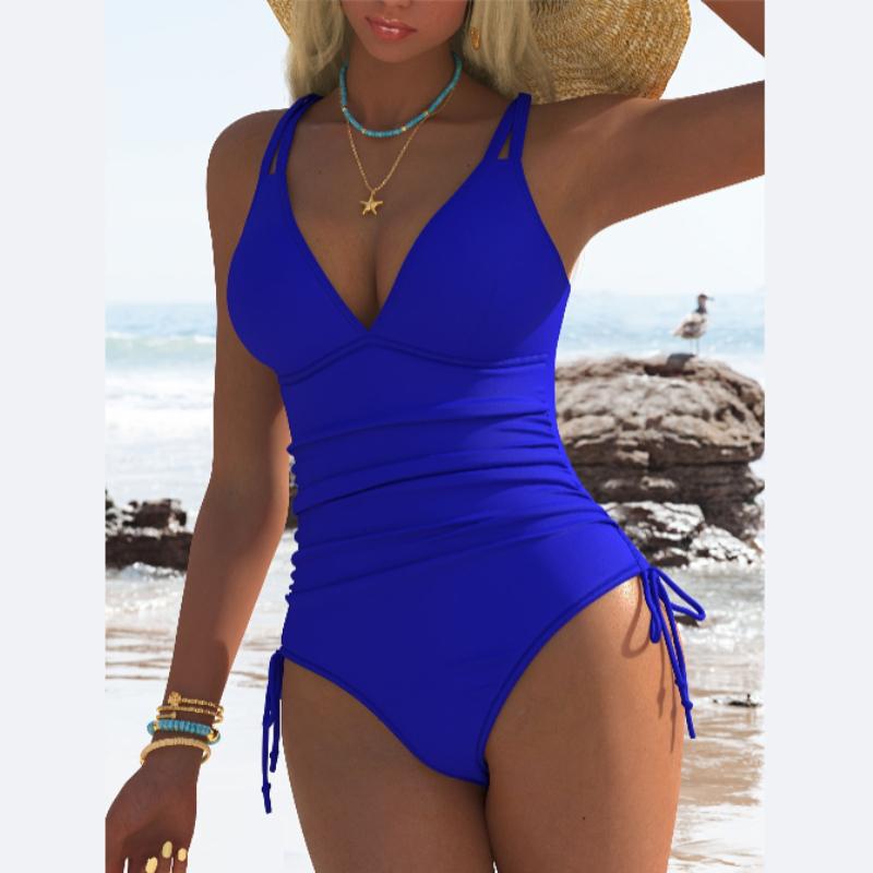 Новый однотонный женский модный цельный купальник на завязках S синий