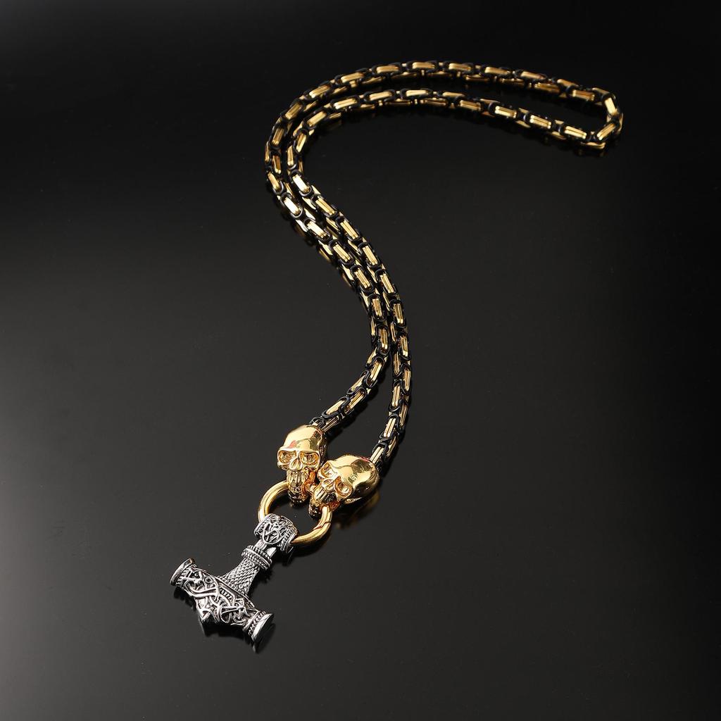Retro Viking Skull Hammer Pendant Necklace with Stainless Steel Chain - European and American Fashion Jewelry Trend