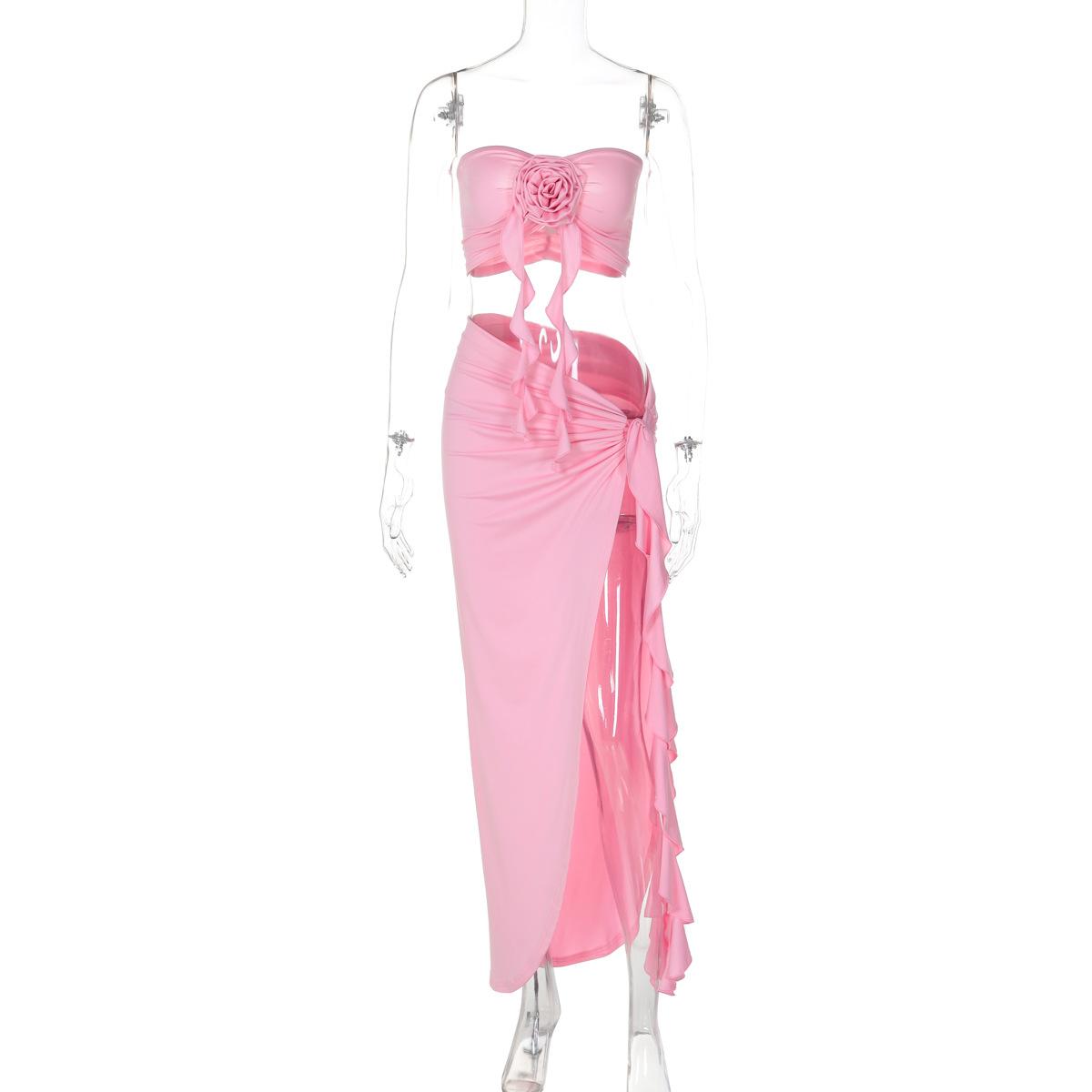 Damski dwuczęściowy komplet spódnicy Slim Fit Bez ramiączek Crop Top z kwiatowym wzorem 3D Spódnica Maxi z wysokim stanem, marszczona, z rozcięciem M różowy