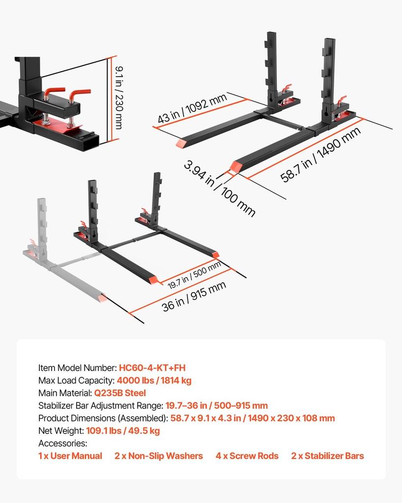 Pallet Forks, 1814 Kg Clamp On Pallet Forks, 149 Cm Total Length Heavy-Duty Tractor Fork with Anti-Tilt Bar & Adjustable Stabilizer Bar, Fit for