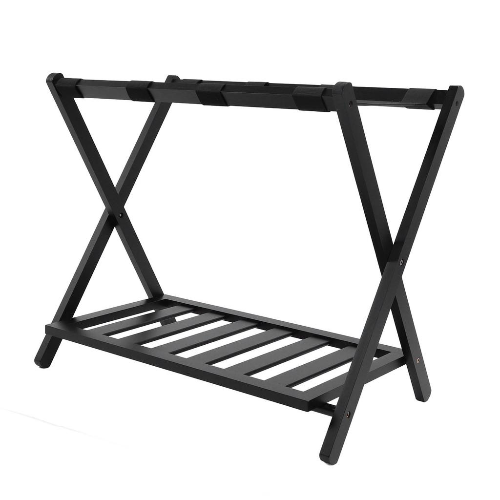Luggage Rack Black Folding Double Layers Wooden Ultra Wide Strong Load Bearing Suitcase Stand for
