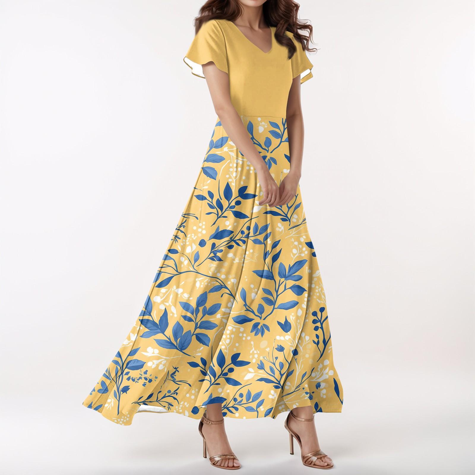 

Женское повседневное платье с V-образным вырезом, коротким рукавом, высокой талией и принтом в виде цветов и листьев в стиле ретро XL жёлтый