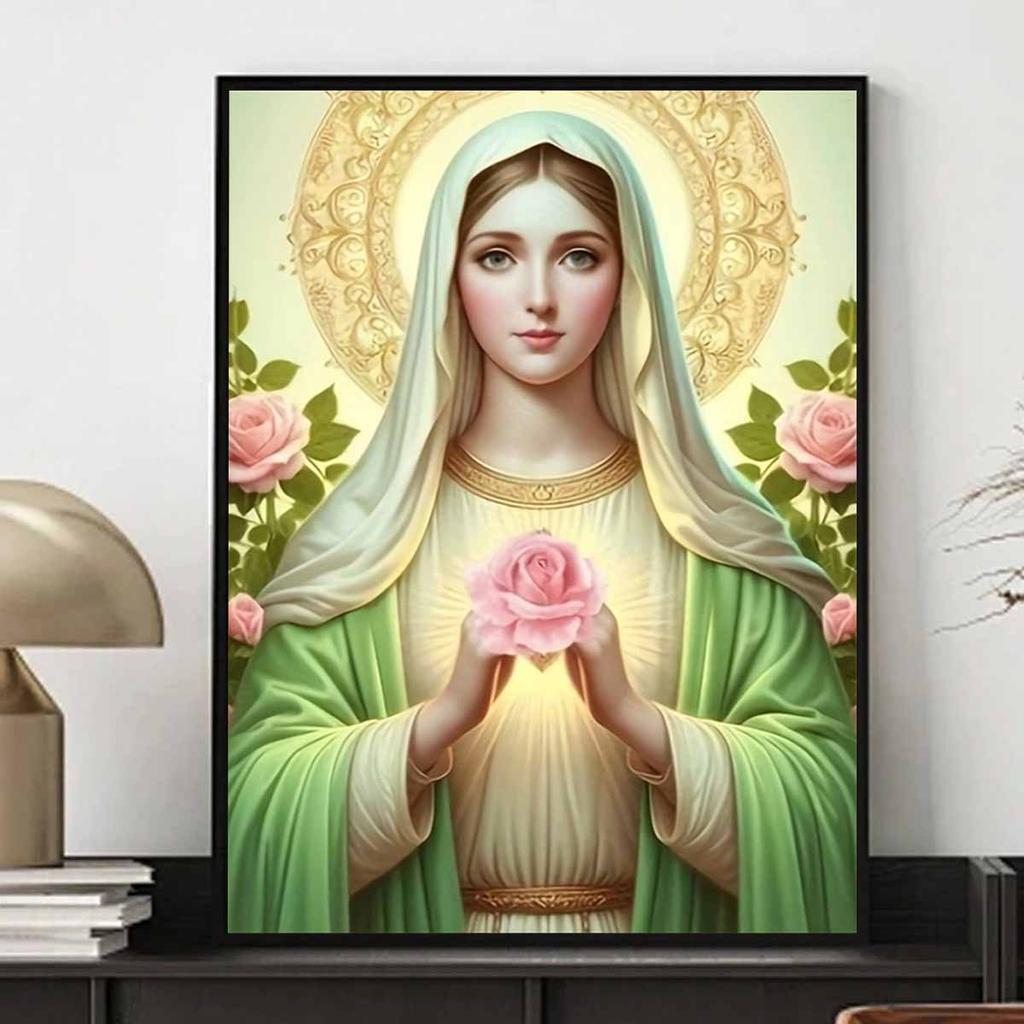 Diamond Painting Set DIY 5D Full Diamond Virgin Mary with Pink Roses Crafts for Home Wall Decoration