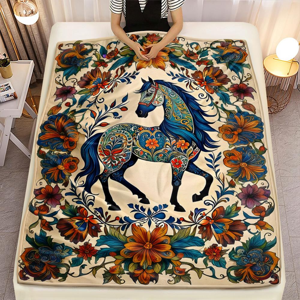 Custom Horse Blanket Floral Mandala Ethnic Pattern Design Personalized Name Fleece Throw All Season Soft Warm Bedding Home Decor