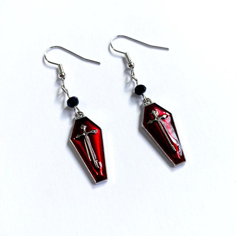 European Retro Vampire Cross Coffin Earrings with Red Drip Oil for Halloween