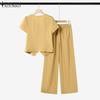 ZANZEA Women Short Sleeve Blouse and Pants Summer Two Piece Suit Sets