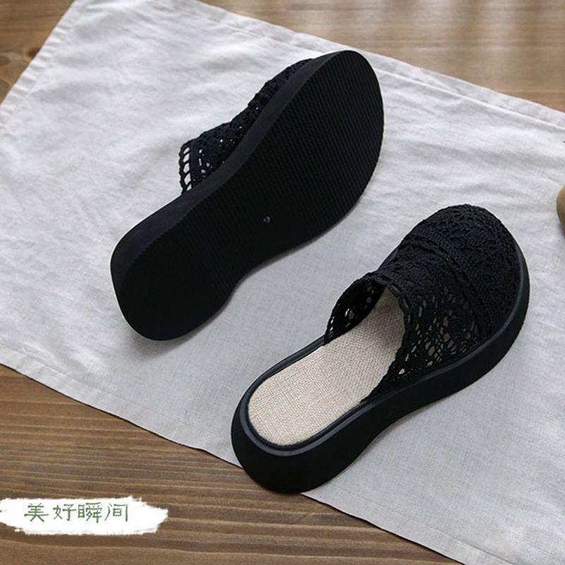 Fairy wind one pedal lazy shoes retro thick sole heightened mesh breathable cool slippers female new summer 2025