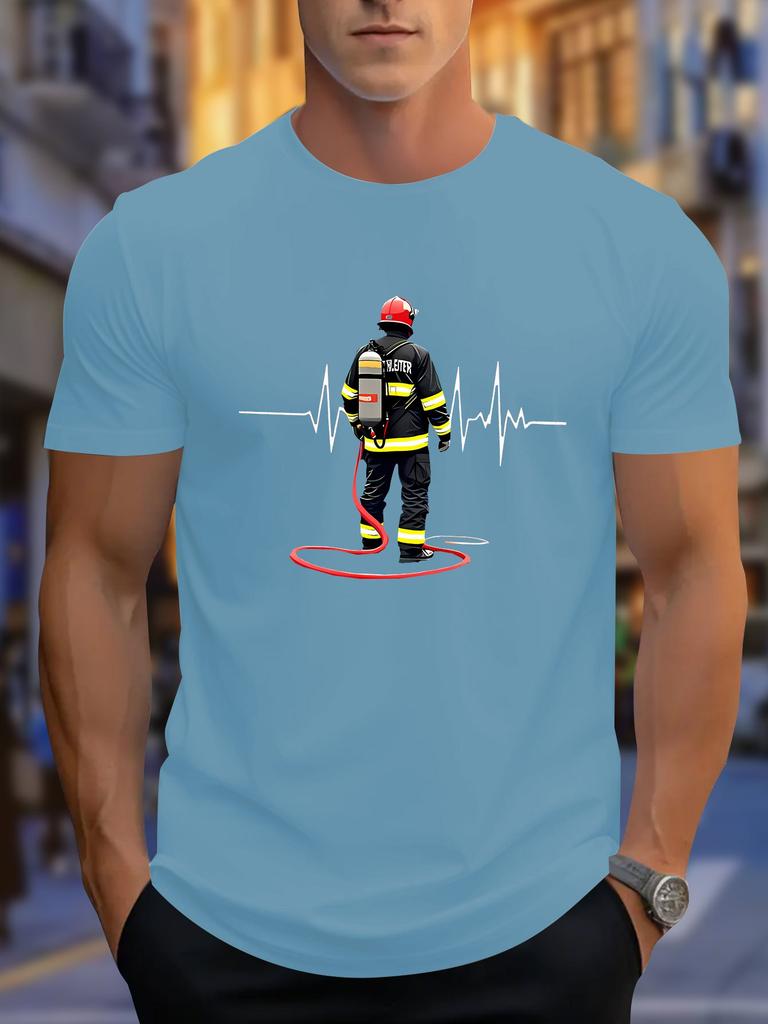 Firefighter Heartbeat Line Graphic Unisexs Short Sleeve T Shirt Fireunisex Hero Crew Neck Casual Daily Outdoor Cotton Tee For Unisex