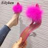 Fashion Eilyken Feather Fur PVC Transparent High Heels Woman Slippers Pointed Toe Mules Lady Pumps Slides Stripper White Shoes