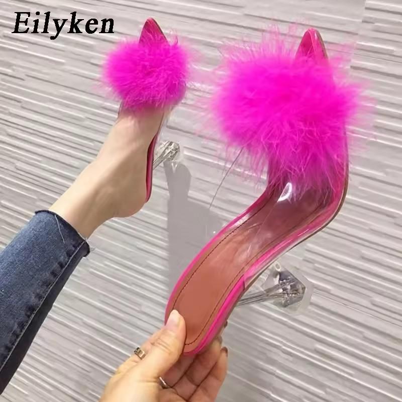 Fashion Eilyken Feather Fur PVC Transparent High Heels Woman Slippers Pointed Toe Mules Lady Pumps Slides Stripper White Shoes