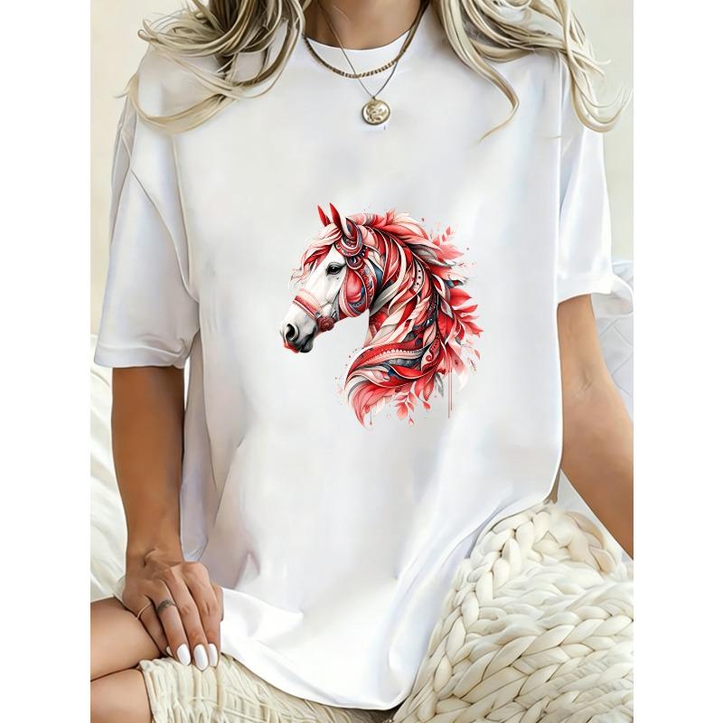Übergroßes T-Shirt Schwarzer Pferdekopf mit rotem Blumendesign Lässige Streetwear für Damen
