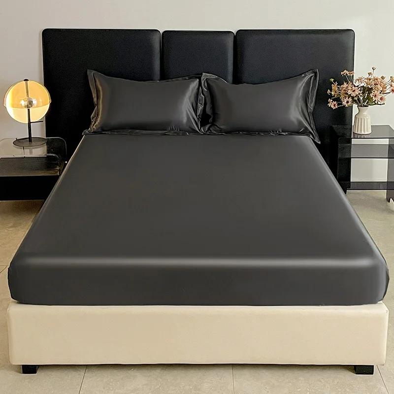3PCS/1 Set Luxury Satin Fitted Sheet Set Satin Elastic  Silk Bed Cover Sheet Solid Mattress Cover 1 Bed Sheet with 2 Pillow Cover