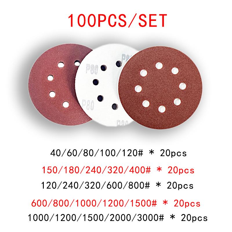 5inch 8 Hole 125mm Sanding Paper Set Screen Discs Woodworking Metal Grinding Disc Abrasive Polishing Tool 40/80/100/120/2000Grit