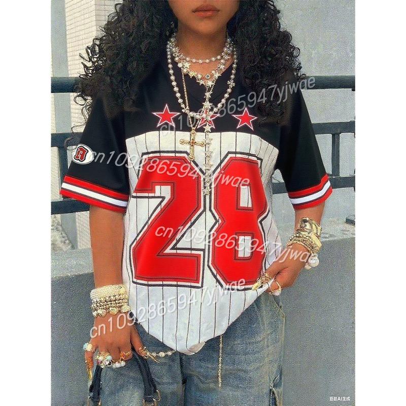 Los Angeles No.28 Digital Printed Striped Jersey Tshirt Fashionable Streetwear Short Sleeved Summer Women's Casual Loose Top