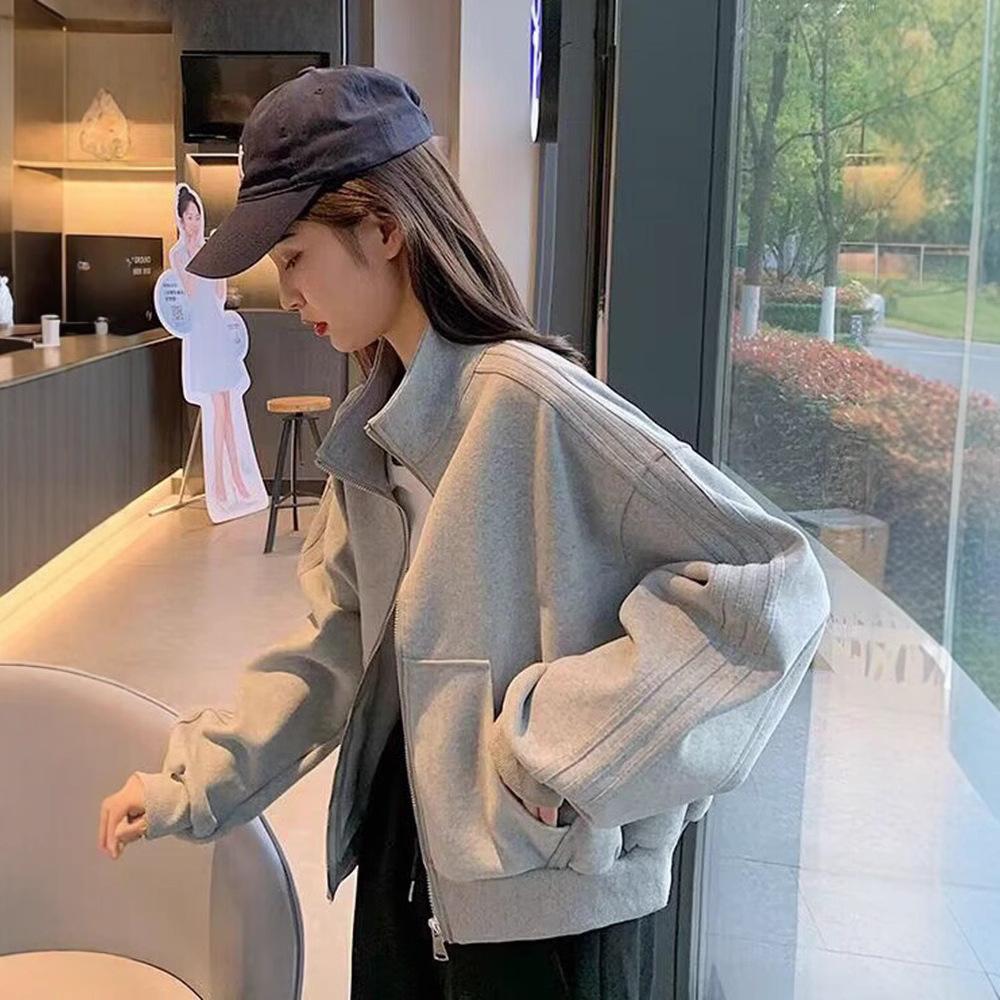 Women's Stand Collar Long Sleeve Zip Up Jacket Loose Fit Cropped Casual Sports Sweatshirt Outerwear