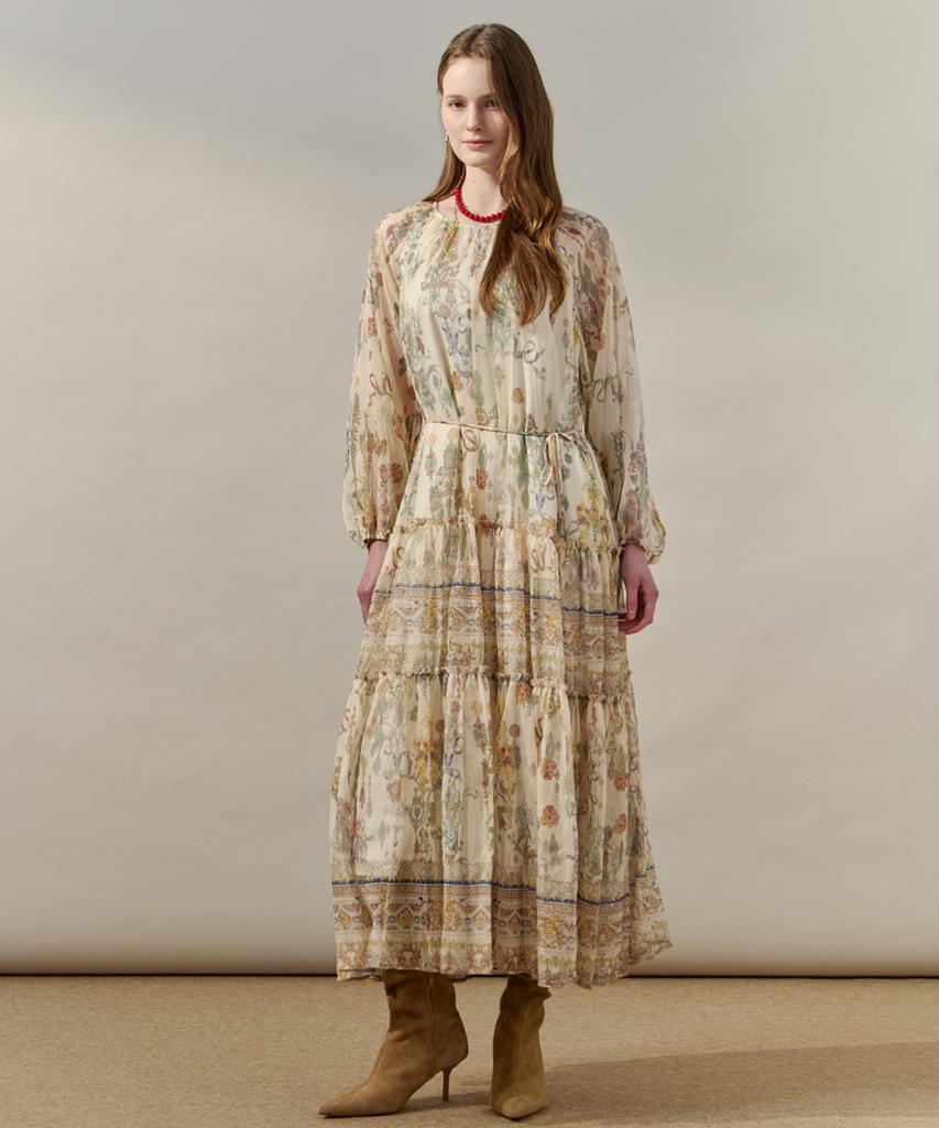 MAXZA Vintage Ethnic Tiered Chiffon Long Dress