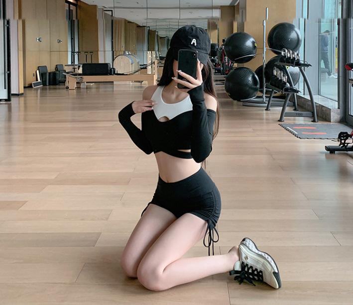 European & American High-Waist Black Drawstring Fitness Shorts for Women
