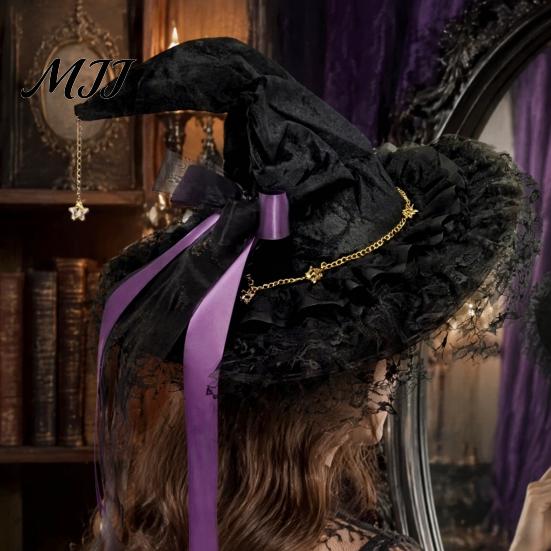 Durable Witch Hat for Party Women, Halloween Lace Wizard with Ribbon Bow, Black Decorations Home Mesh Veil Costume Accessory Adults, Fancy Dress,