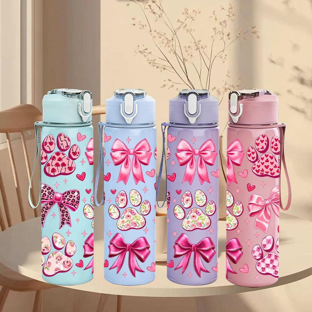 1PC Pink Cherry Blossom Flower Pattern Art 750ml Color Plastic Sports Water Bottle Leakproof Flip Straw Lid Suitable for Sports Office Home Use